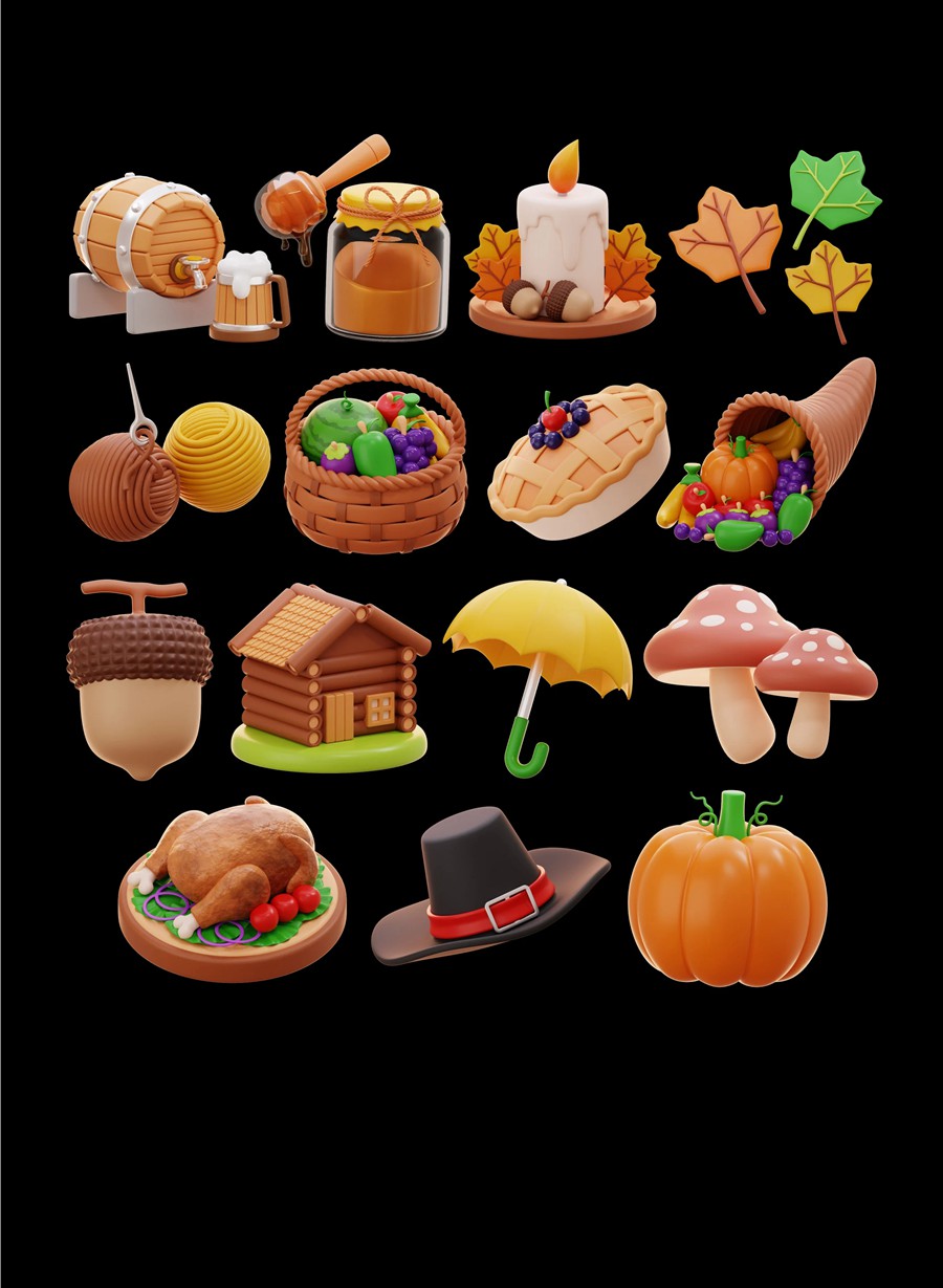 15款秋季感恩节农场食物农作物3D图标Icons设计Blender/PNG/FBX格式素材 Thanksgiving & Autumn 3D Illustration 图标素材 sucaiwan.com