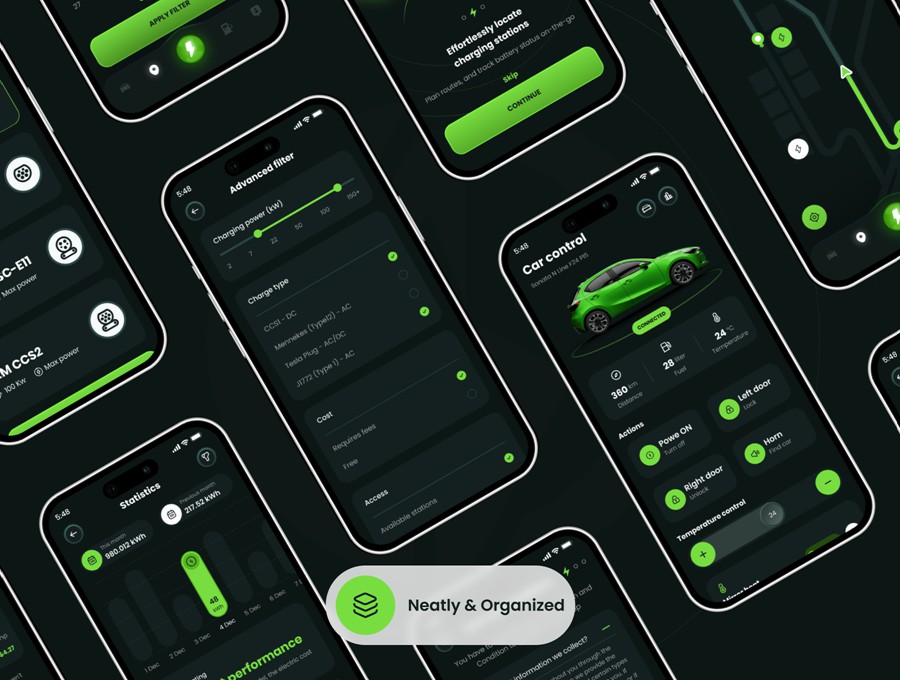 70屏暗黑风电动车汽车共享充电桩充电站APP软件UI界面设计Figma模板套件 EVAR – EV Control & Charging UI Kit APP UI 第4张-素材湾丨精选海外优质设计素材资源 70屏暗黑风电动车汽车共享充电桩充电站APP软件UI界面设计Figma模板套件 EVAR – EV Control & Charging UI Kit APP UI sucaiwan.com