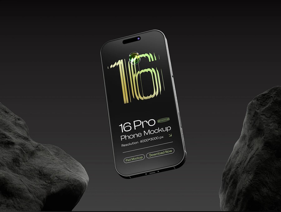 10款黑化风岩石背景UI界面设计苹果iPhone 16 Pro手机展示PS贴图样机模板 iPhone 16 Pro Mockups – 10 Scenes 样机素材 第2张-素材湾丨精选海外优质设计素材资源 10款黑化风岩石背景UI界面设计苹果iPhone 16 Pro手机展示PS贴图样机模板 iPhone 16 Pro Mockups – 10 Scenes 样机素材 sucaiwan.com