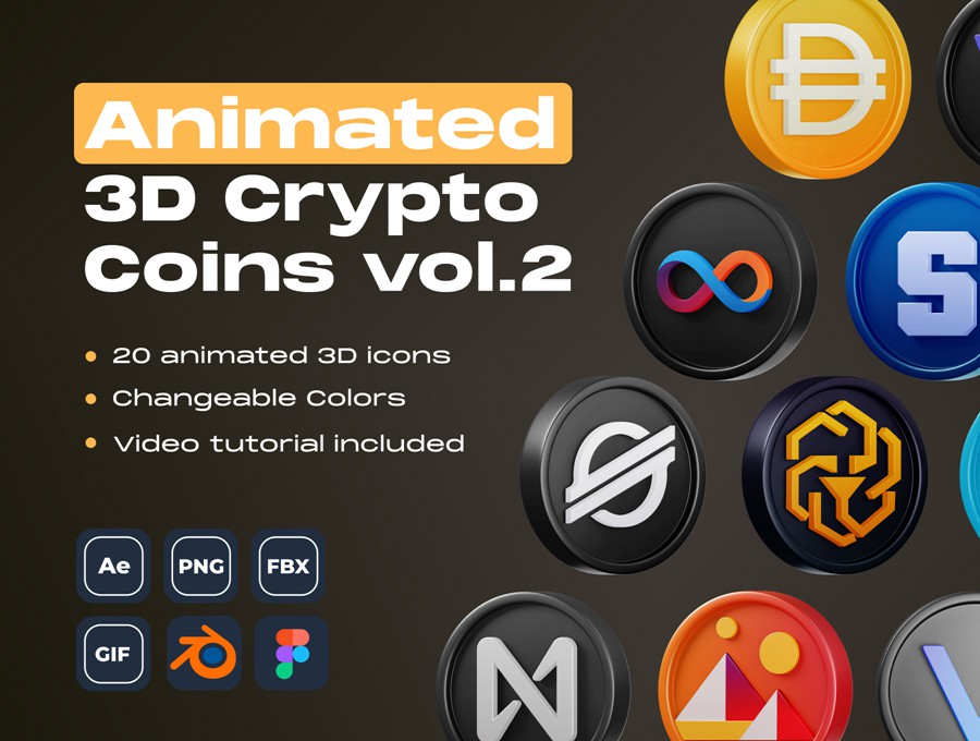 20款创意质感金融科技加密货币3D图标设计Blender/Figma/AE动画素材包 Animated Crypto Coins vol.2 图标素材 第1张-素材湾丨精选海外优质设计素材资源 20款创意质感金融科技加密货币3D图标设计Blender/Figma/AE动画素材包 Animated Crypto Coins vol.2 图标素材 sucaiwan.com
