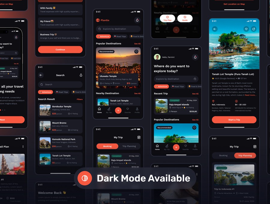 65+屏双配色AI智能旅行旅游路线规划景点航班旅馆预订APP UI界面设计Figma模板套件 PlanGo – AI Trip Planner Mobile App UI Kit APP UI sucaiwan.com