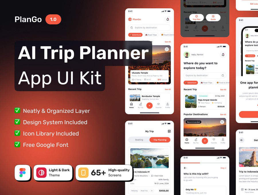 65+屏双配色AI智能旅行旅游路线规划景点航班旅馆预订APP UI界面设计Figma模板套件 PlanGo – AI Trip Planner Mobile App UI Kit APP UI sucaiwan.com