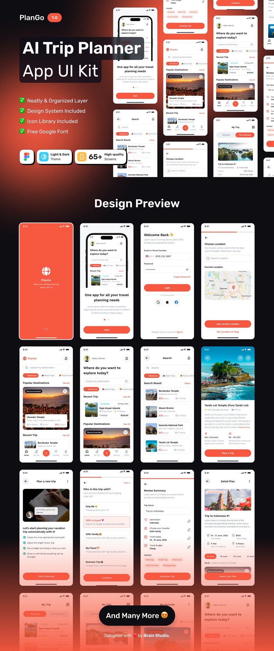65+屏双配色AI智能旅行旅游路线规划景点航班旅馆预订APP UI界面设计Figma模板套件 PlanGo – AI Trip Planner Mobile App UI Kit APP UI sucaiwan.com