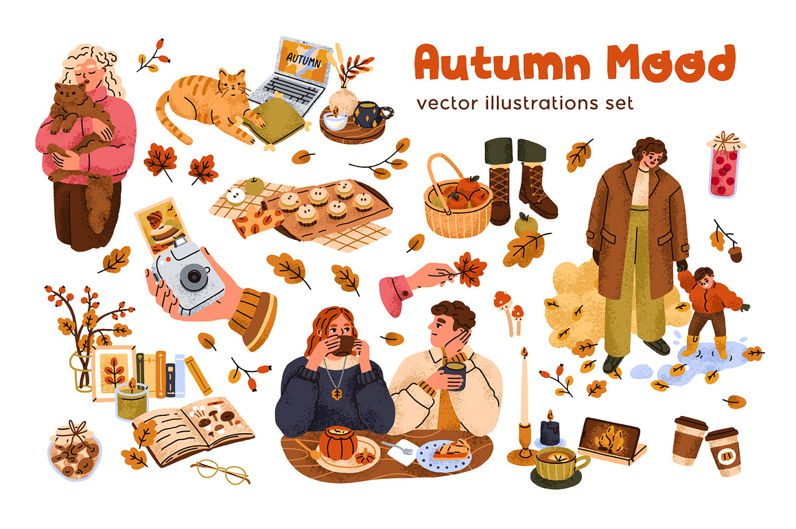 卡通风格秋天元素围巾袜子树叶蘑菇糕点手绘插画AI矢量设计素材 Cozy autumn mood set. Hygge fall vibes 图片素材 sucaiwan.com