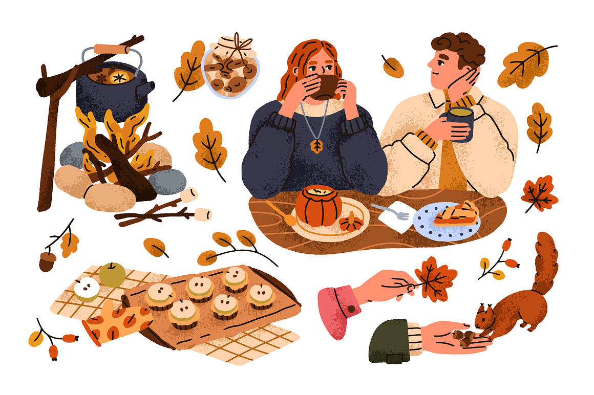 卡通风格秋天元素围巾袜子树叶蘑菇糕点手绘插画AI矢量设计素材 Cozy autumn mood set. Hygge fall vibes 图片素材 sucaiwan.com