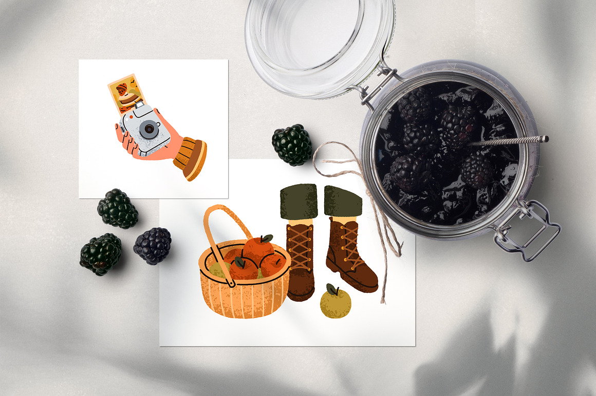 卡通风格秋天元素围巾袜子树叶蘑菇糕点手绘插画AI矢量设计素材 Cozy autumn mood set. Hygge fall vibes 图片素材 sucaiwan.com