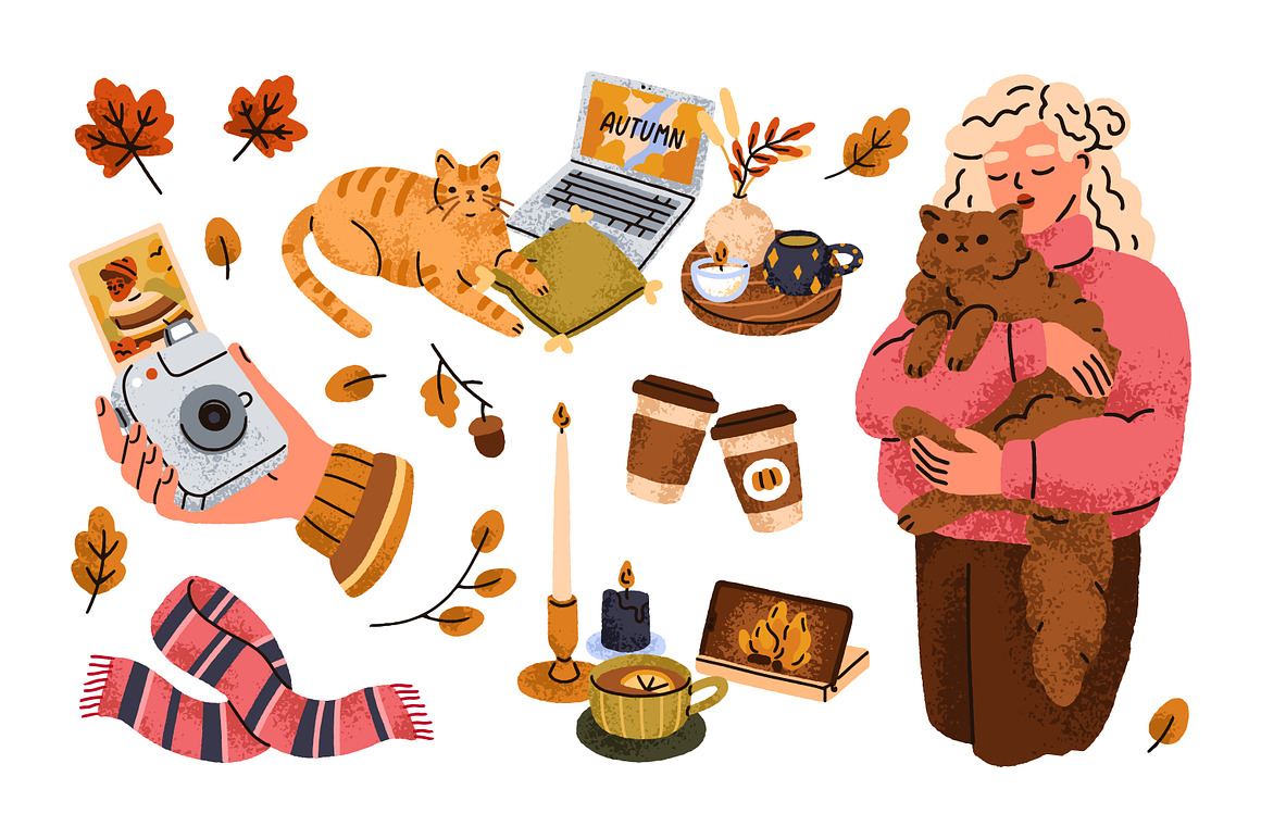 卡通风格秋天元素围巾袜子树叶蘑菇糕点手绘插画AI矢量设计素材 Cozy autumn mood set. Hygge fall vibes 图片素材 sucaiwan.com
