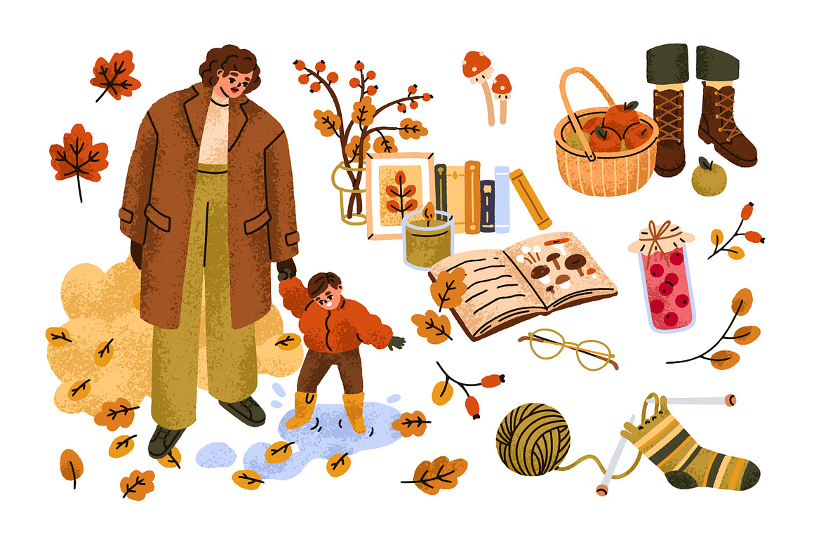 卡通风格秋天元素围巾袜子树叶蘑菇糕点手绘插画AI矢量设计素材 Cozy autumn mood set. Hygge fall vibes 图片素材 sucaiwan.com