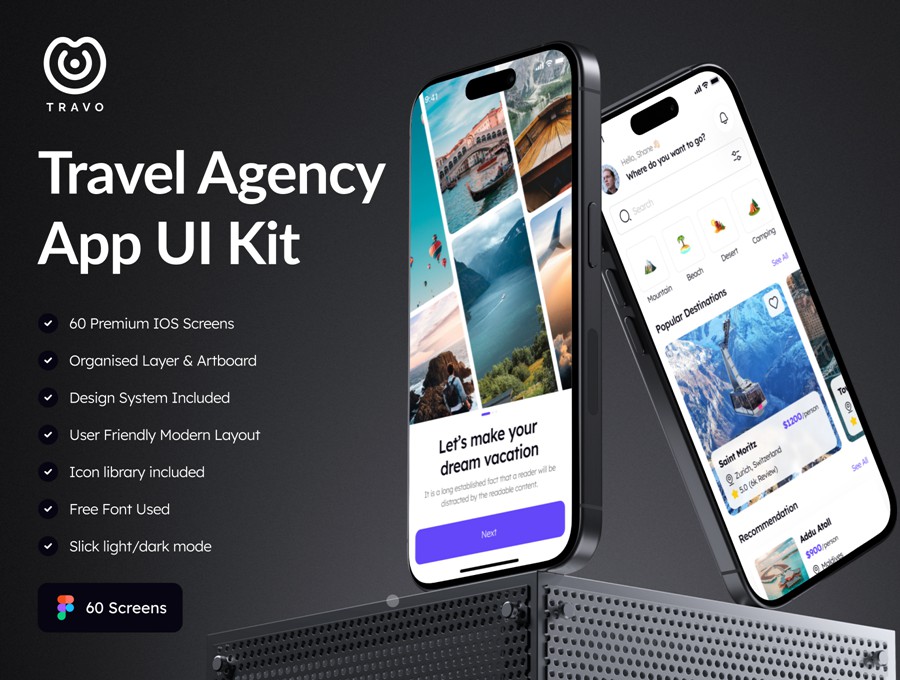 60屏双配色旅行社旅游路行景点门票预订APP UI界面设计Figma模板套件 Travo – Travel Agency App UI Kit APP UI 第1张-素材湾丨精选海外优质设计素材资源 60屏双配色旅行社旅游路行景点门票预订APP UI界面设计Figma模板套件 Travo – Travel Agency App UI Kit APP UI sucaiwan.com