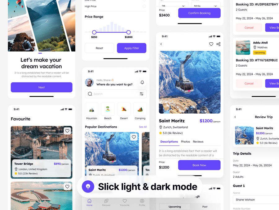 60屏双配色旅行社旅游路行景点门票预订APP UI界面设计Figma模板套件 Travo – Travel Agency App UI Kit APP UI 第6张-素材湾丨精选海外优质设计素材资源 60屏双配色旅行社旅游路行景点门票预订APP UI界面设计Figma模板套件 Travo – Travel Agency App UI Kit APP UI sucaiwan.com