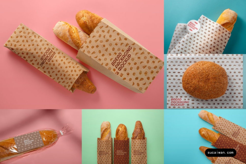 9款清新面包糕点包装VI设计展示贴图PSD样机MOCKUP模板素材 Bread Packaging Mockup 样机素材 sucaiwan.com