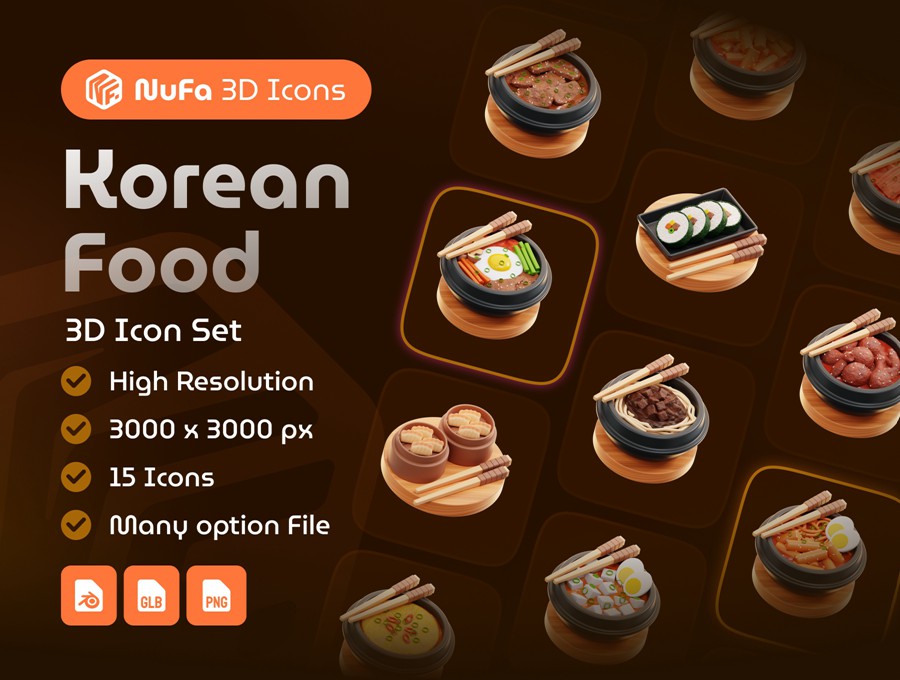 15款独特韩国食品美食3D三维图标Icons设计Blender/PNG格式素材 Korean Food 3D Icon Set 图标素材 sucaiwan.com
