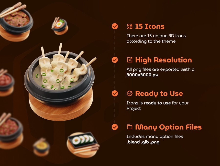 15款独特韩国食品美食3D三维图标Icons设计Blender/PNG格式素材 Korean Food 3D Icon Set 图标素材 sucaiwan.com