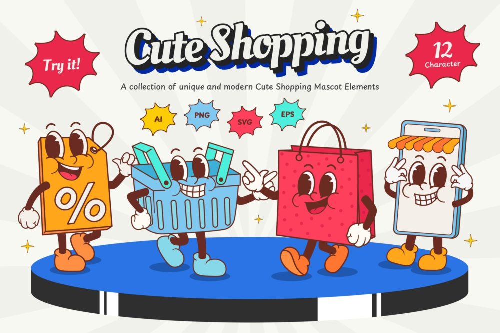 可爱卡通趣味拟人化吉祥物手绘插画AI矢量设计素材 Cute Shopping Mascot Illustration 图片素材 sucaiwan.com