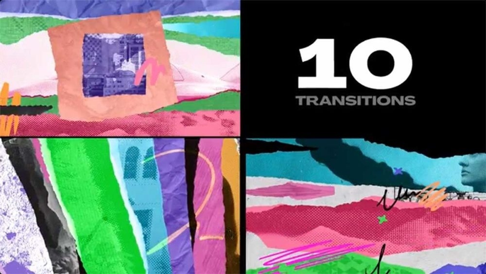 Pr模板 10组情绪化快闪拼贴定格动画撕纸拼贴转场视觉特效 Upbeat Collage Transitions 影视音频 sucaiwan.com