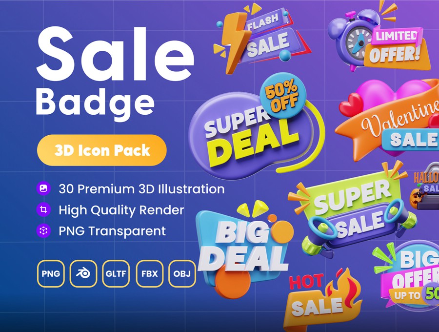 30款创意电商销售促销打折3D三维插图图标Icons设计Blender/OBJ/PNG格式素材 Sale Badge 3D Icon Set 图标素材 第1张-素材湾丨精选海外优质设计素材资源 30款创意电商销售促销打折3D三维插图图标Icons设计Blender/OBJ/PNG格式素材 Sale Badge 3D Icon Set 图标素材 sucaiwan.com