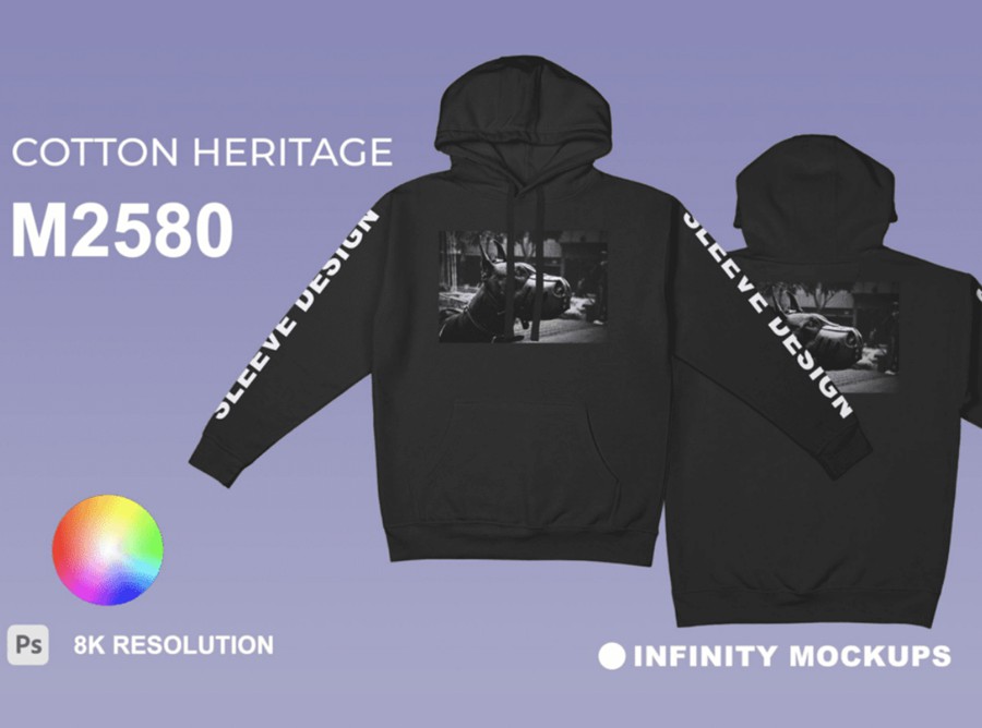 时尚说唱风超大连衣帽卫衣帽衫印花图案设计展示效果图PS贴图样机 Cotton Heritage M2580 Mockup 样机素材 sucaiwan.com