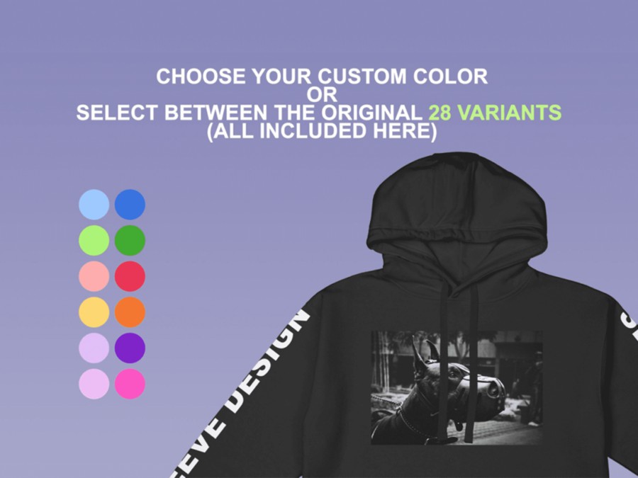 时尚说唱风超大连衣帽卫衣帽衫印花图案设计展示效果图PS贴图样机 Cotton Heritage M2580 Mockup 样机素材 sucaiwan.com