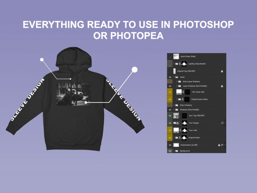 时尚说唱风超大连衣帽卫衣帽衫印花图案设计展示效果图PS贴图样机 Cotton Heritage M2580 Mockup 样机素材 sucaiwan.com