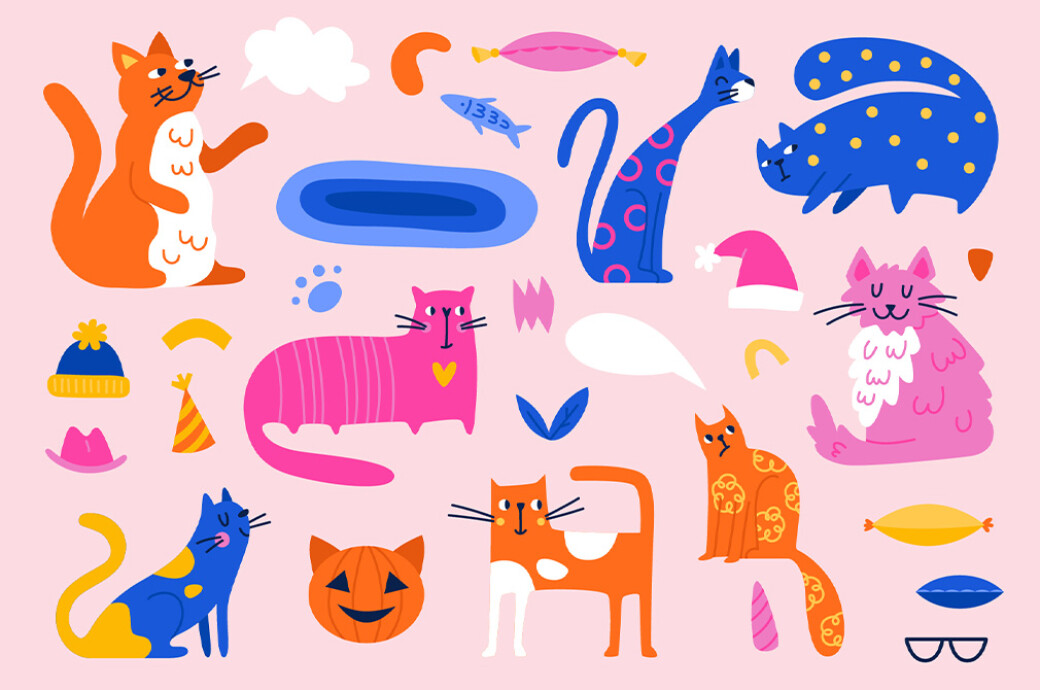 CATS | Clipart + Patterns 100个动物猫和装饰剪贴画纺织周边设计PNG/AI矢量图案插图 图片素材 sucaiwan.com