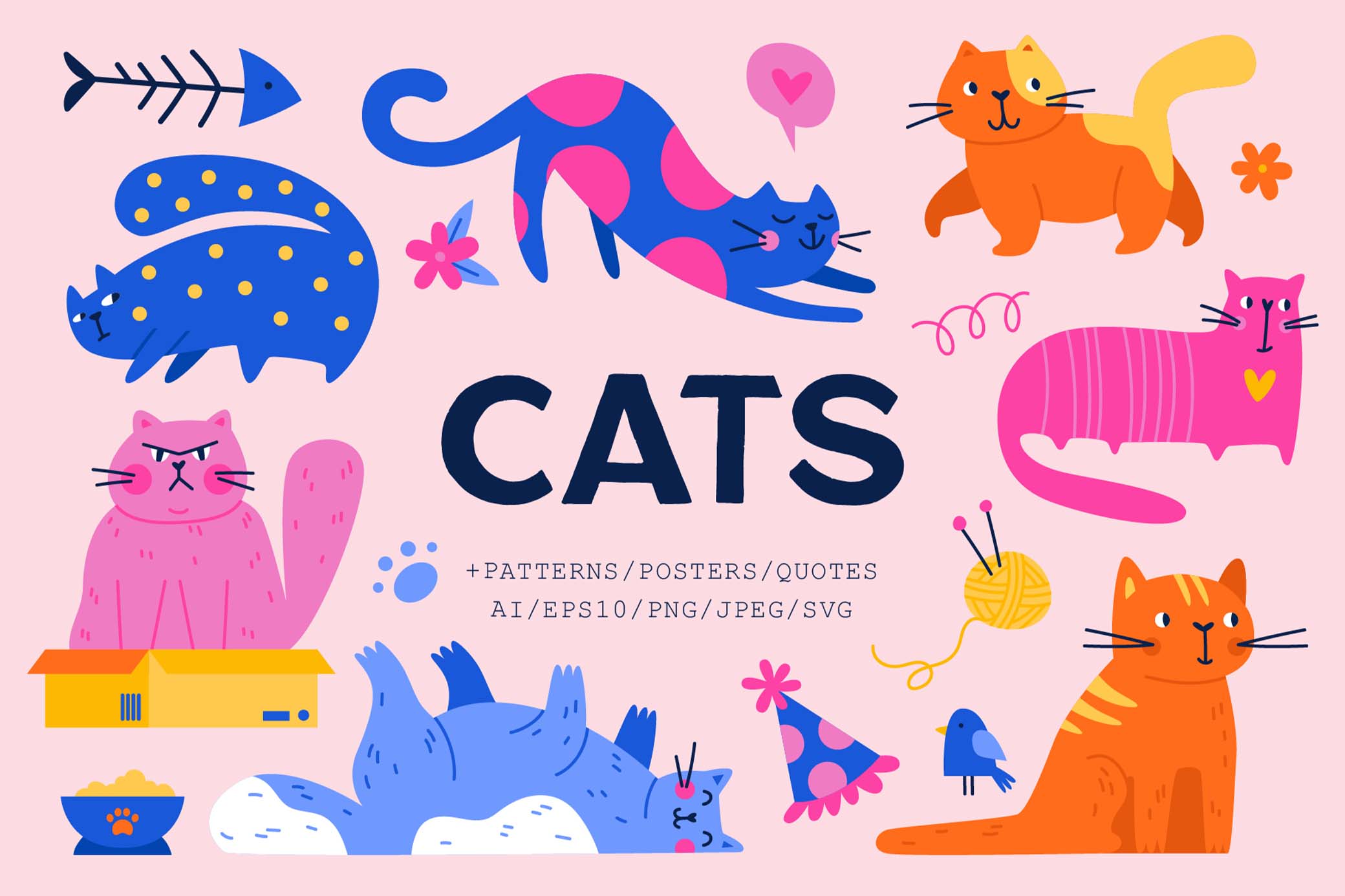 CATS | Clipart + Patterns 100个动物猫和装饰剪贴画纺织周边设计PNG/AI矢量图案插图 图片素材 sucaiwan.com
