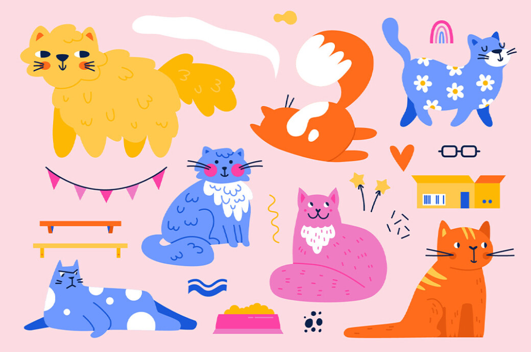 CATS | Clipart + Patterns 100个动物猫和装饰剪贴画纺织周边设计PNG/AI矢量图案插图 图片素材 sucaiwan.com