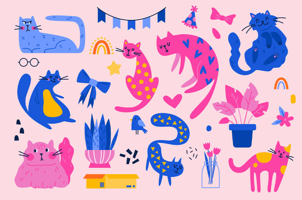 CATS | Clipart + Patterns 100个动物猫和装饰剪贴画纺织周边设计PNG/AI矢量图案插图 图片素材 sucaiwan.com