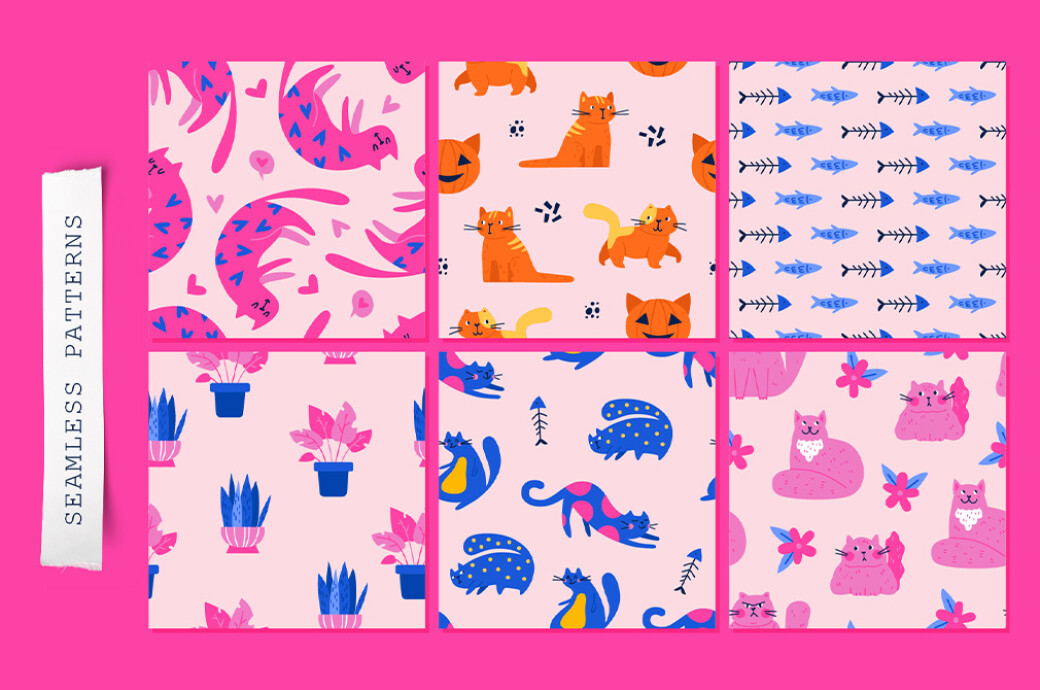 CATS | Clipart + Patterns 100个动物猫和装饰剪贴画纺织周边设计PNG/AI矢量图案插图 图片素材 sucaiwan.com