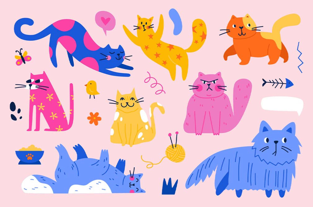 CATS | Clipart + Patterns 100个动物猫和装饰剪贴画纺织周边设计PNG/AI矢量图案插图 图片素材 sucaiwan.com
