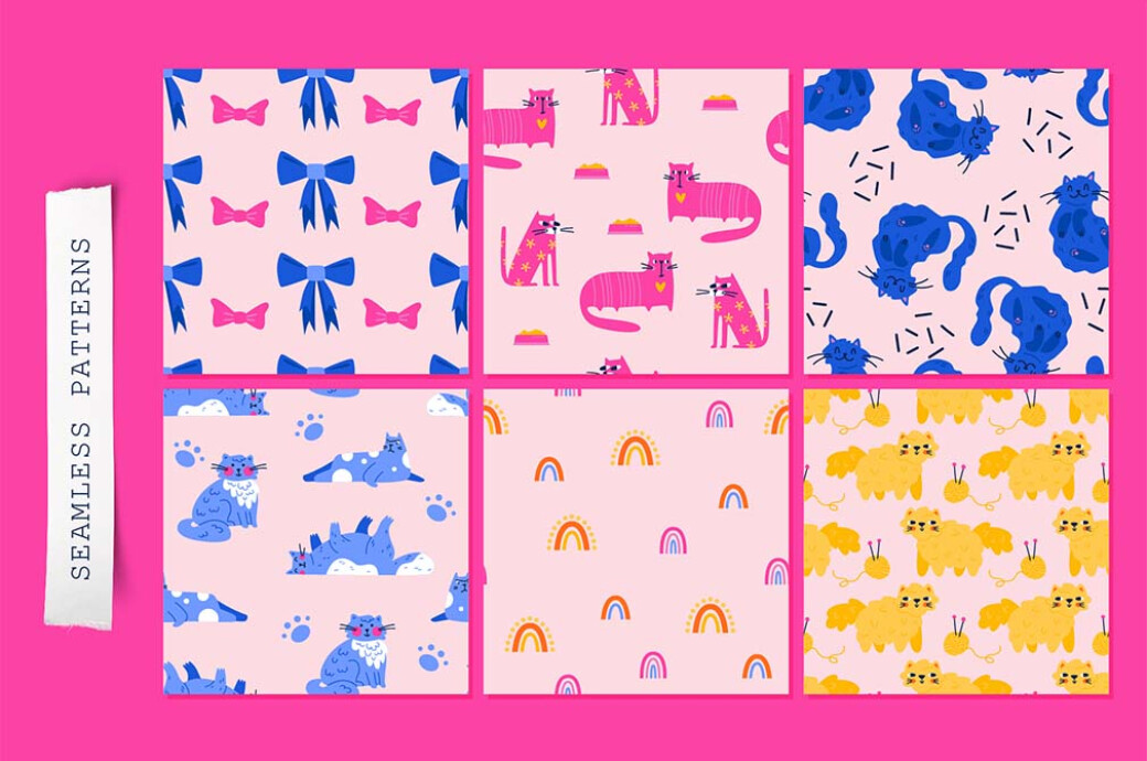 CATS | Clipart + Patterns 100个动物猫和装饰剪贴画纺织周边设计PNG/AI矢量图案插图 图片素材 sucaiwan.com