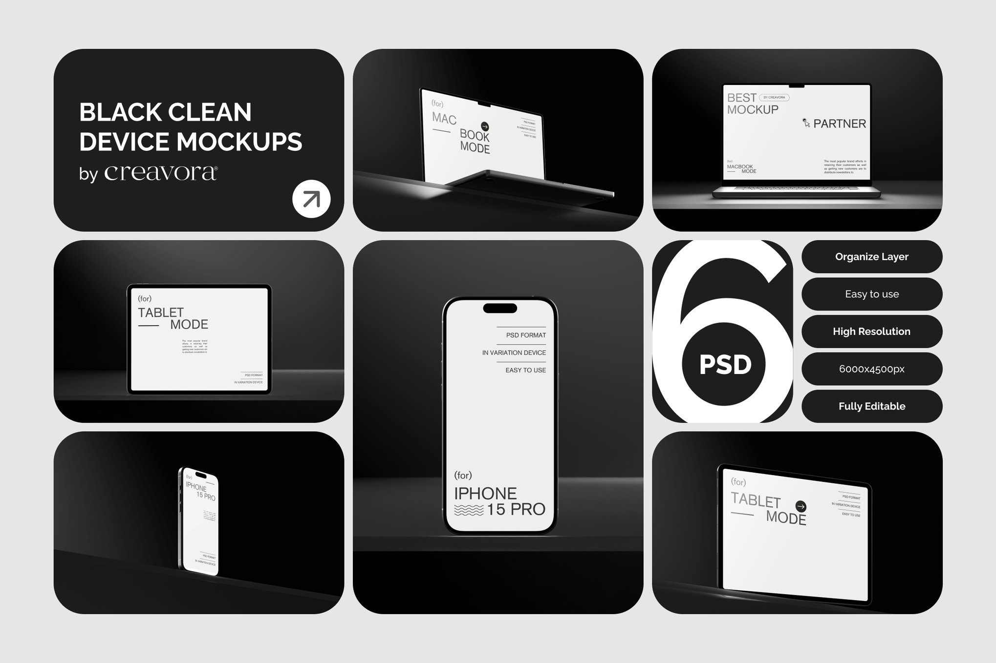 6款工业风暗黑系UI广告设计苹果iPhone手机iPad平板MacBook电脑展示PS贴图样机 Black Clean Device Mockups 样机素材 sucaiwan.com