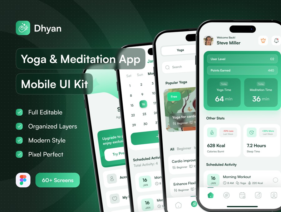 60+屏现代简约在线瑜伽冥想锻炼健身APP UI界面设计Figma模板套件 Dhyan – Yoga & Meditation UI Kit APP UI sucaiwan.com