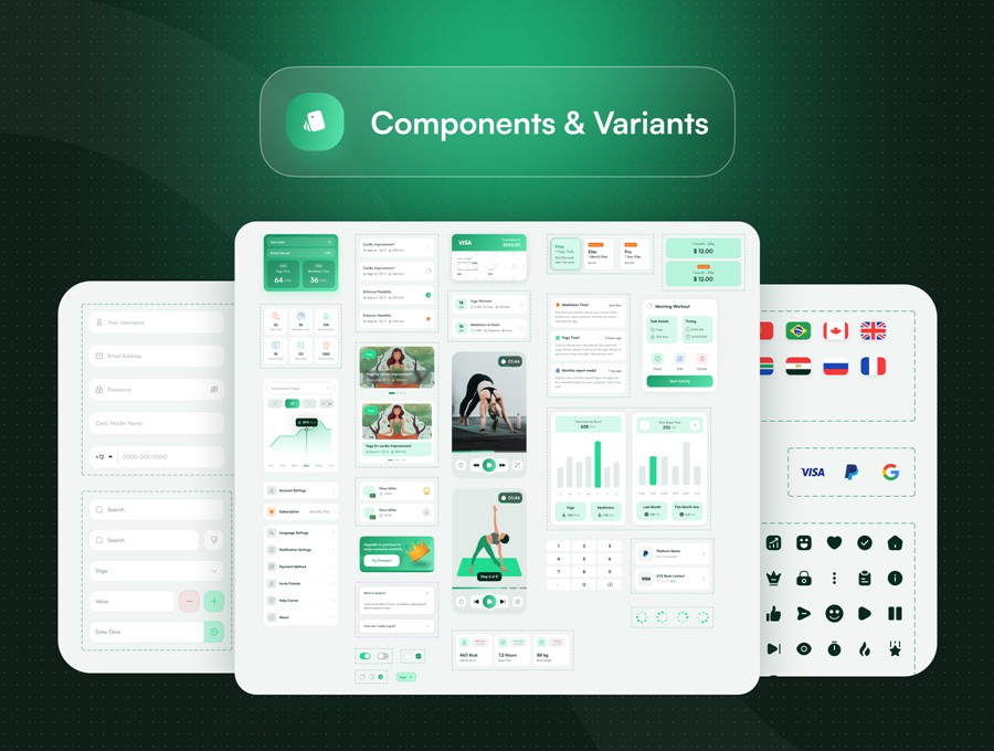 60+屏现代简约在线瑜伽冥想锻炼健身APP UI界面设计Figma模板套件 Dhyan – Yoga & Meditation UI Kit APP UI sucaiwan.com
