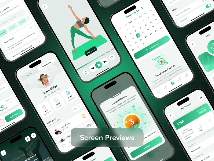 60+屏现代简约在线瑜伽冥想锻炼健身APP UI界面设计Figma模板套件 Dhyan – Yoga & Meditation UI Kit APP UI sucaiwan.com