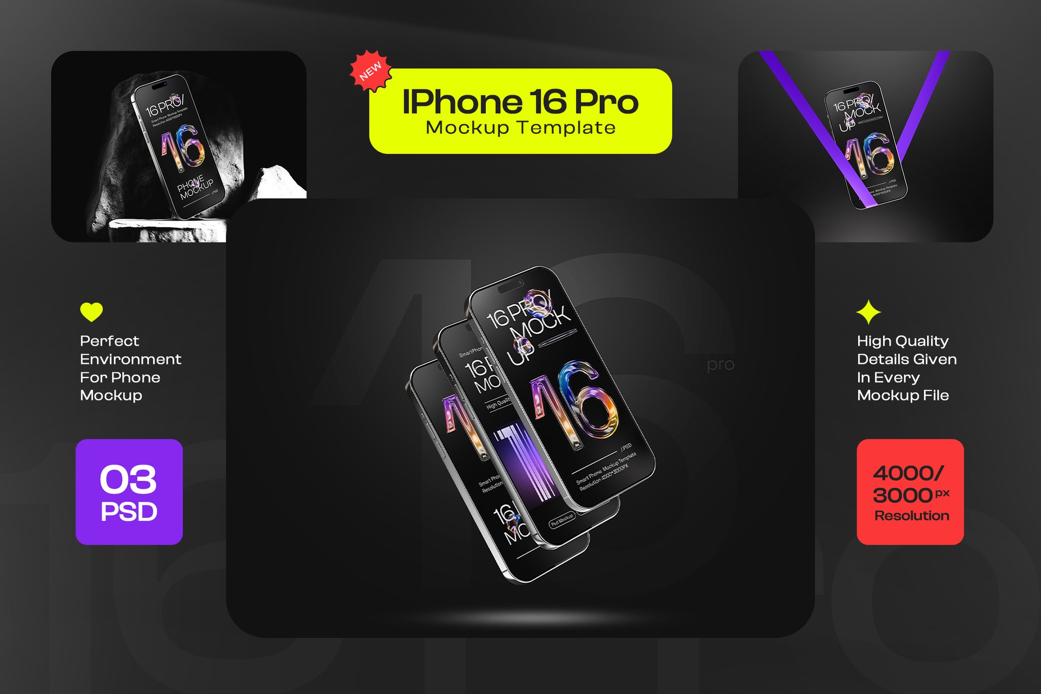 暗黑工业风苹果iPhone 16 Pro展示贴图效果图PSD样机模板 iPhone 16 Pro Mockup Set 样机素材 第1张-素材湾丨精选海外优质设计素材资源 暗黑工业风苹果iPhone 16 Pro展示贴图效果图PSD样机模板 iPhone 16 Pro Mockup Set 样机素材 sucaiwan.com