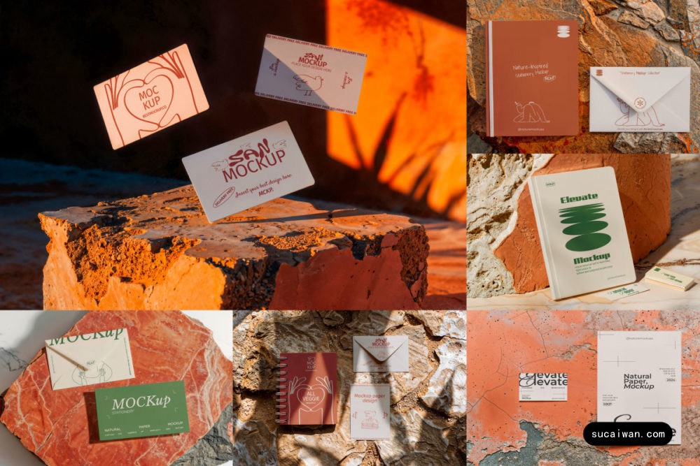 6款水泥岩石背景信封笔记本名片卡片VI设计效果图PS展示贴图样机MOCKUP模板 Stationery Mockup Collection Vol 1 样机素材 sucaiwan.com