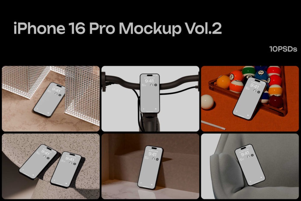 10款高级苹果iPhone 16 Pro手机UI界面设计展示效果图PS贴图样机模板 iPhone 16 Pro Mockup Vol.2 样机素材 第1张-素材湾丨精选海外优质设计素材资源 10款高级苹果iPhone 16 Pro手机UI界面设计展示效果图PS贴图样机模板 iPhone 16 Pro Mockup Vol.2 样机素材 sucaiwan.com