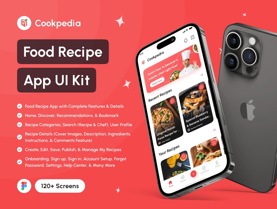 120+屏双配色食谱美食食物烹饪教学软件APP UI界面设计Figma模板套件 Cookpedia – Food Recipe App UI Kit APP UI sucaiwan.com