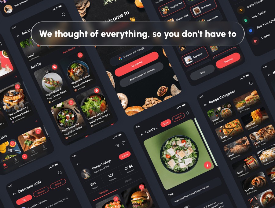 120+屏双配色食谱美食食物烹饪教学软件APP UI界面设计Figma模板套件 Cookpedia – Food Recipe App UI Kit APP UI sucaiwan.com