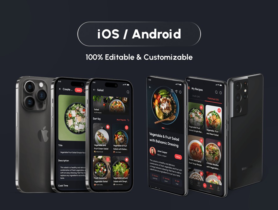 120+屏双配色食谱美食食物烹饪教学软件APP UI界面设计Figma模板套件 Cookpedia – Food Recipe App UI Kit APP UI sucaiwan.com