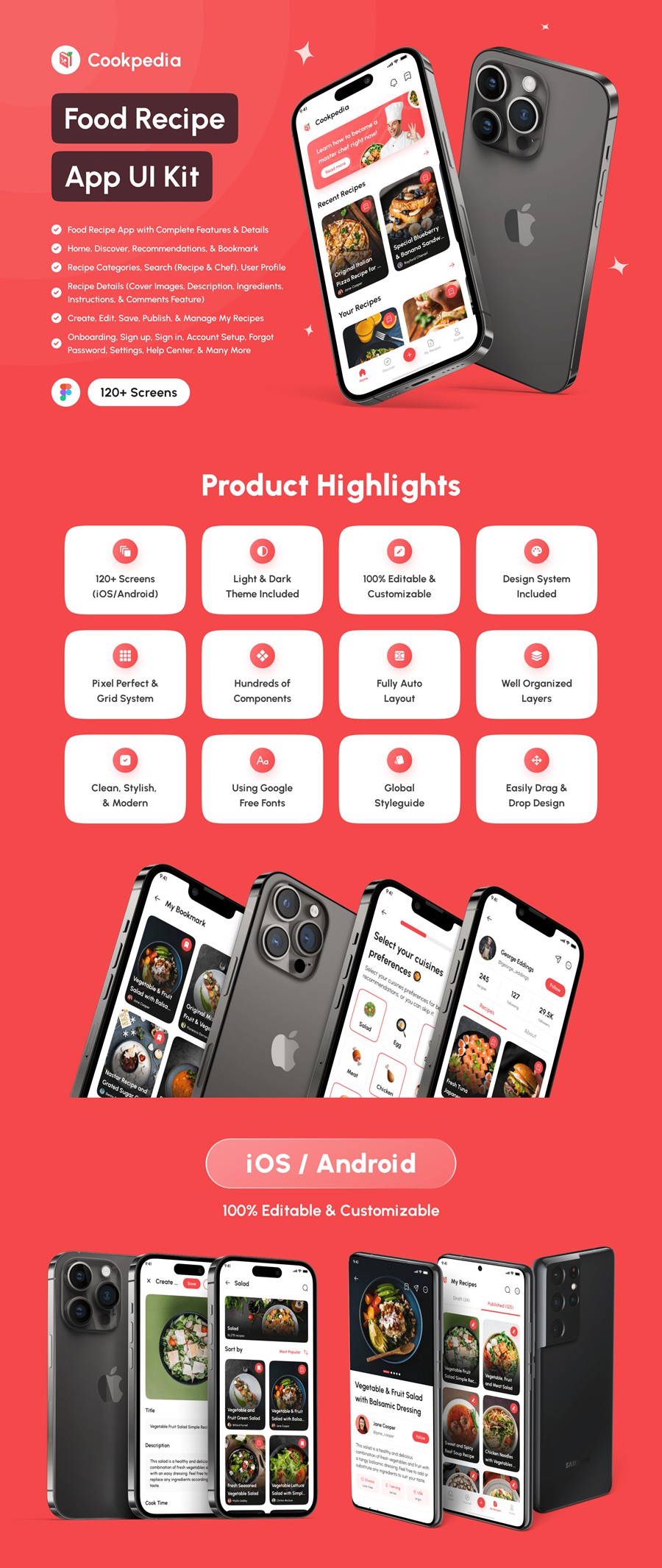 120+屏双配色食谱美食食物烹饪教学软件APP UI界面设计Figma模板套件 Cookpedia – Food Recipe App UI Kit APP UI sucaiwan.com