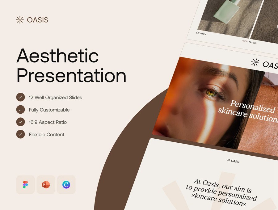 12页时尚优雅现代美学护肤品化妆品品牌营销宣传幻灯片设计模板Figma/PPT格式素材 Aesthetic Presentation Template 幻灯图表 sucaiwan.com