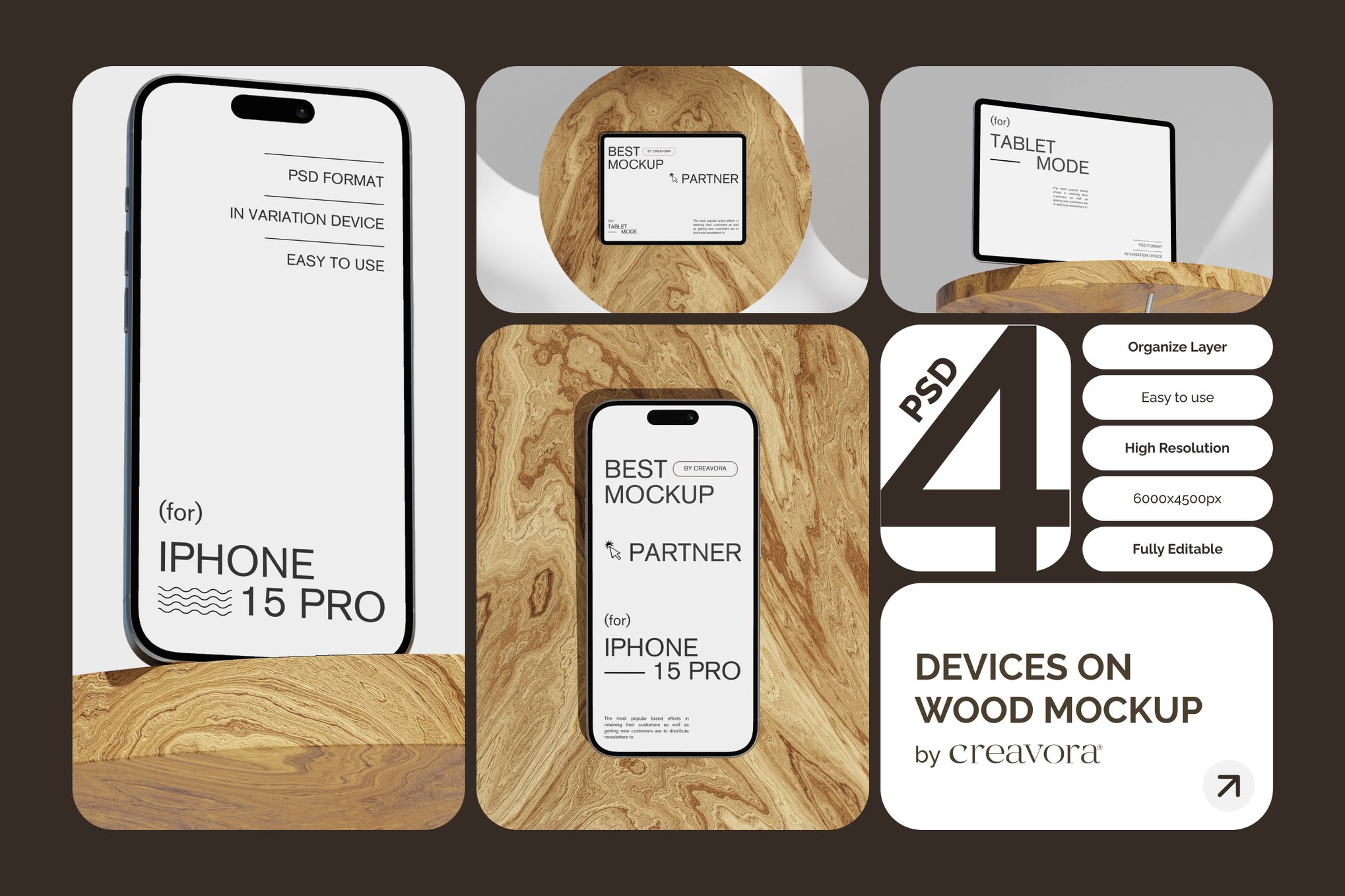 木桌背景UI设计苹果iPhone手机iPad平板MacBook电脑展示贴图PSD样机模板 Device On Wood Table Mockups 样机素材 sucaiwan.com