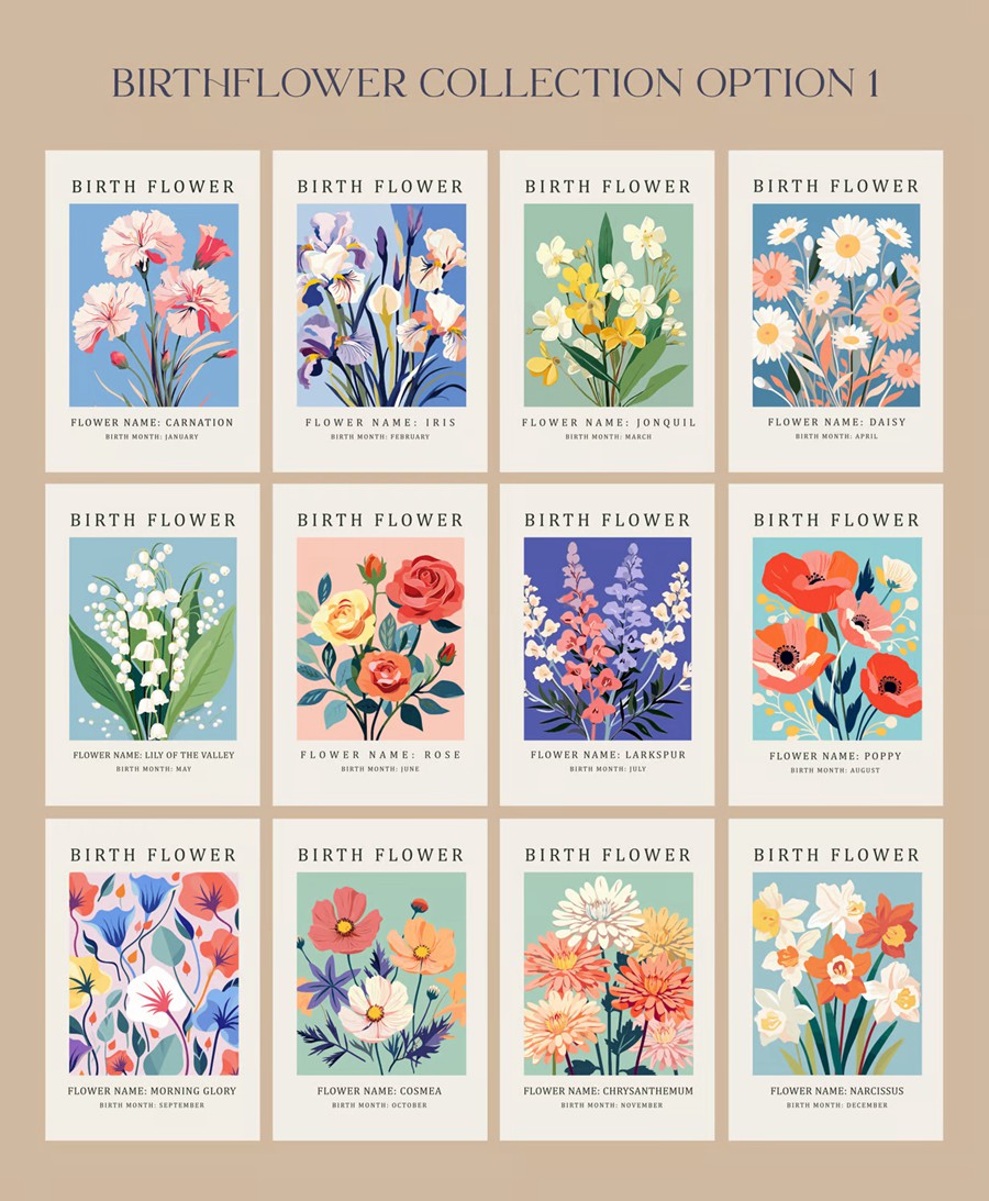 24幅花卉插图艺术风格海报AI矢量/PNG花卉剪贴画素材Birth Month Flower Market Wall Art Poster Cliparts 图片素材 第2张-素材湾丨精选海外优质设计素材资源 24幅花卉插图艺术风格海报AI矢量/PNG花卉剪贴画素材Birth Month Flower Market Wall Art Poster Cliparts 图片素材 sucaiwan.com