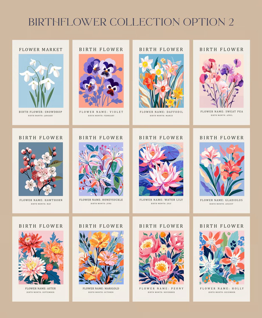 24幅花卉插图艺术风格海报AI矢量/PNG花卉剪贴画素材Birth Month Flower Market Wall Art Poster Cliparts 图片素材 第3张-素材湾丨精选海外优质设计素材资源 24幅花卉插图艺术风格海报AI矢量/PNG花卉剪贴画素材Birth Month Flower Market Wall Art Poster Cliparts 图片素材 sucaiwan.com