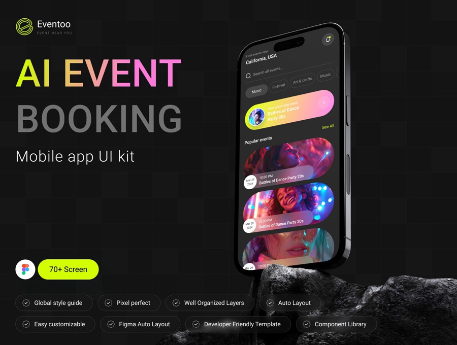 70+屏暗黑系活动音乐电影票AI智能预订购买APP UI界面设计Figma模板套件 Eventoo- The AI-Powered Event Booking App UI Kit APP UI sucaiwan.com
