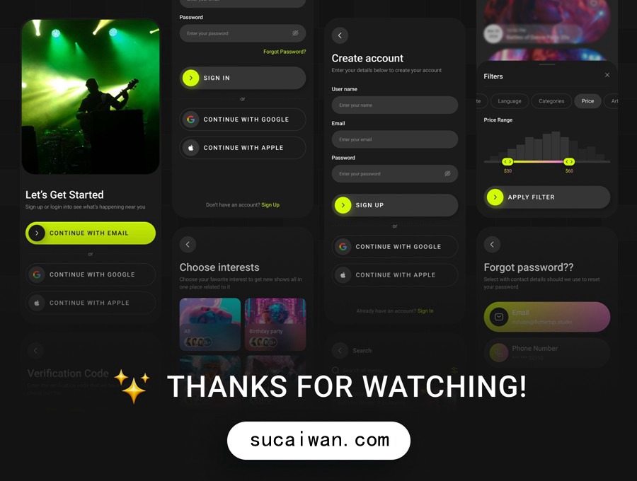 70+屏暗黑系活动音乐电影票AI智能预订购买APP UI界面设计Figma模板套件 Eventoo- The AI-Powered Event Booking App UI Kit APP UI sucaiwan.com