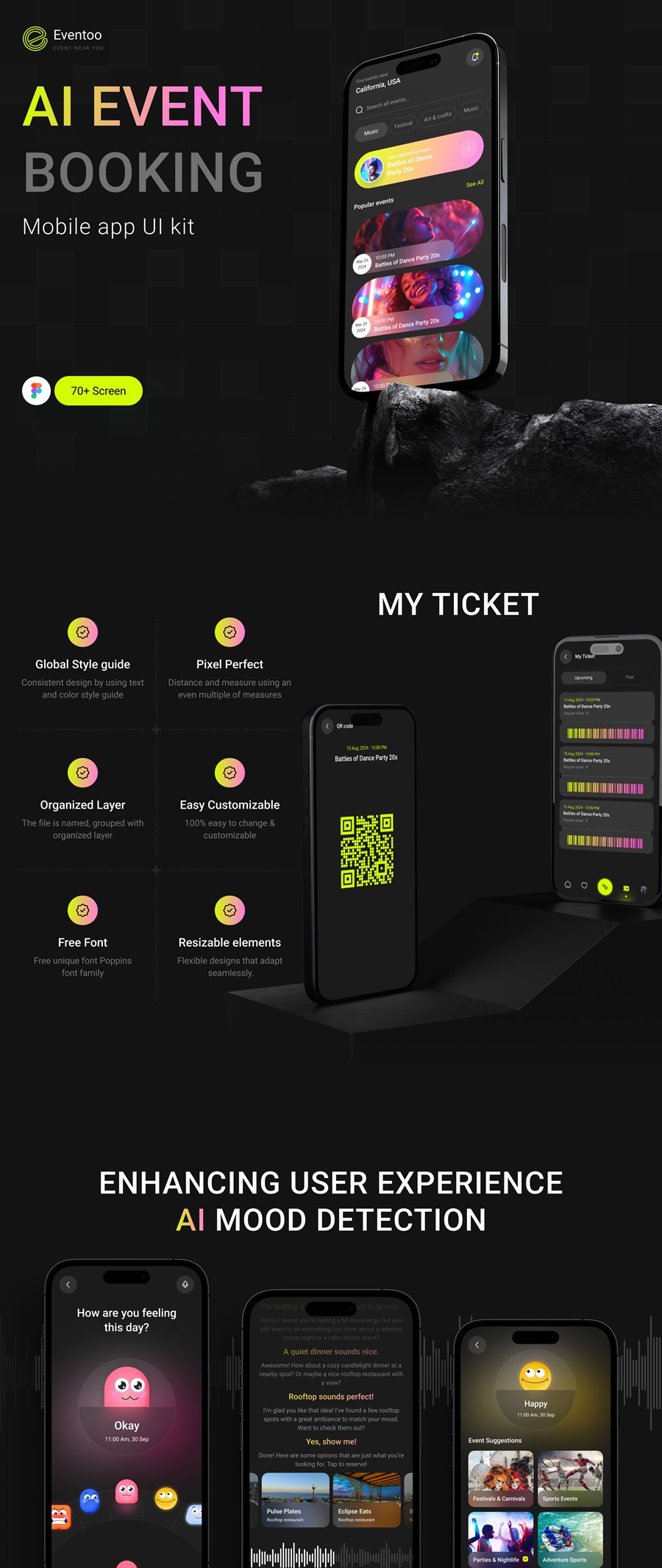 70+屏暗黑系活动音乐电影票AI智能预订购买APP UI界面设计Figma模板套件 Eventoo- The AI-Powered Event Booking App UI Kit APP UI sucaiwan.com
