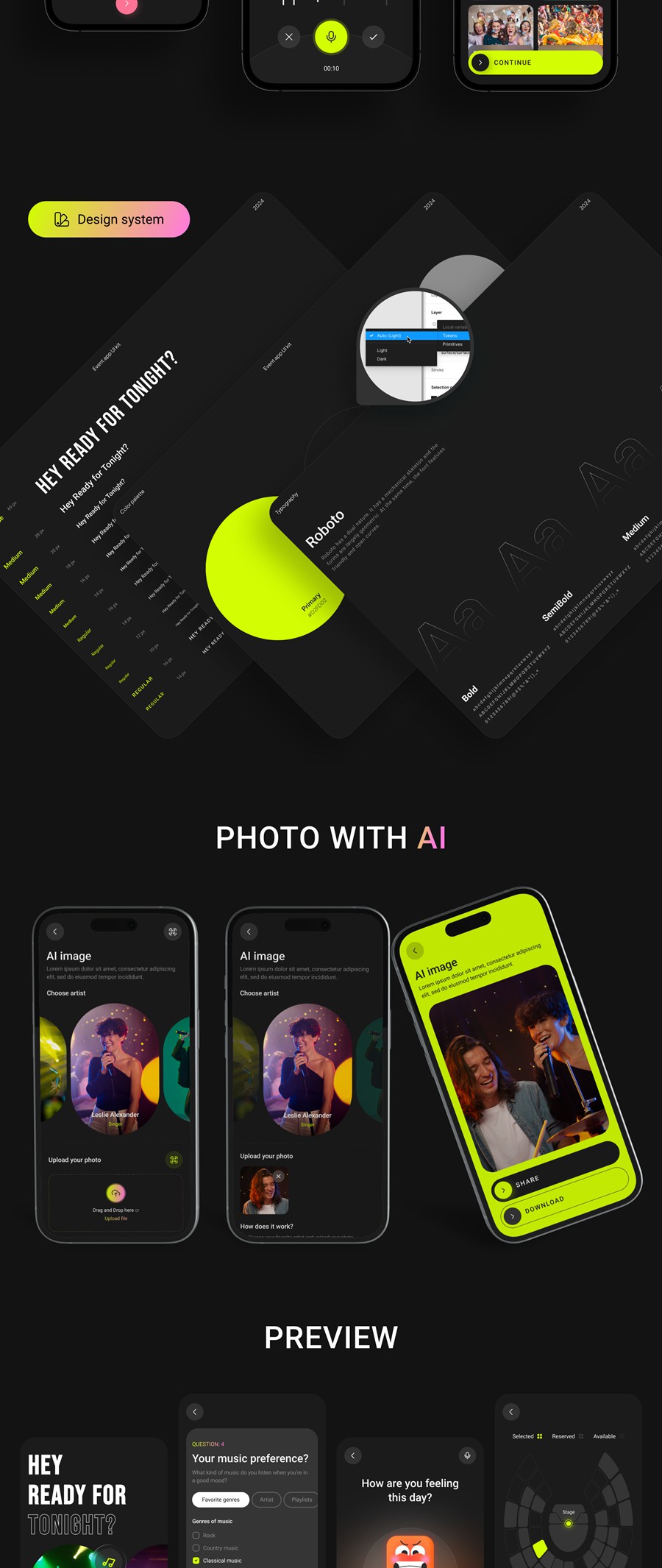 70+屏暗黑系活动音乐电影票AI智能预订购买APP UI界面设计Figma模板套件 Eventoo- The AI-Powered Event Booking App UI Kit APP UI sucaiwan.com
