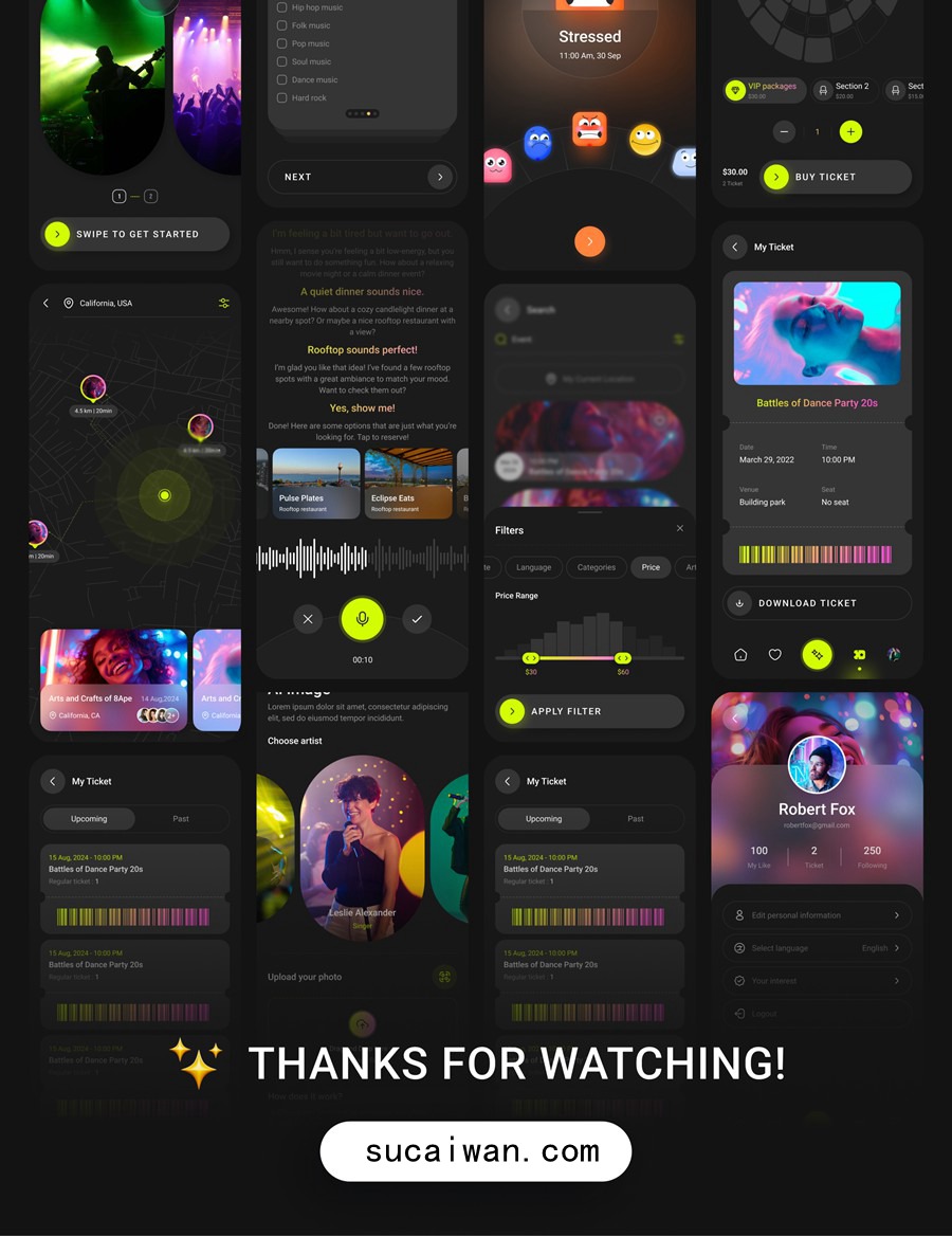 70+屏暗黑系活动音乐电影票AI智能预订购买APP UI界面设计Figma模板套件 Eventoo- The AI-Powered Event Booking App UI Kit APP UI sucaiwan.com